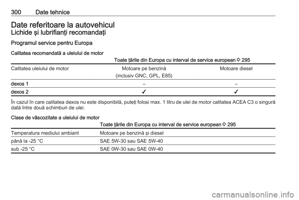 OPEL INSIGNIA 2016  Manual de utilizare (in Romanian) 300Date tehniceDate referitoare la autovehiculLichide şi lubrifianţi recomandaţi
Programul service pentru Europa Calitatea recomandată a uleiului de motorToate ţările din Europa cu interval de s