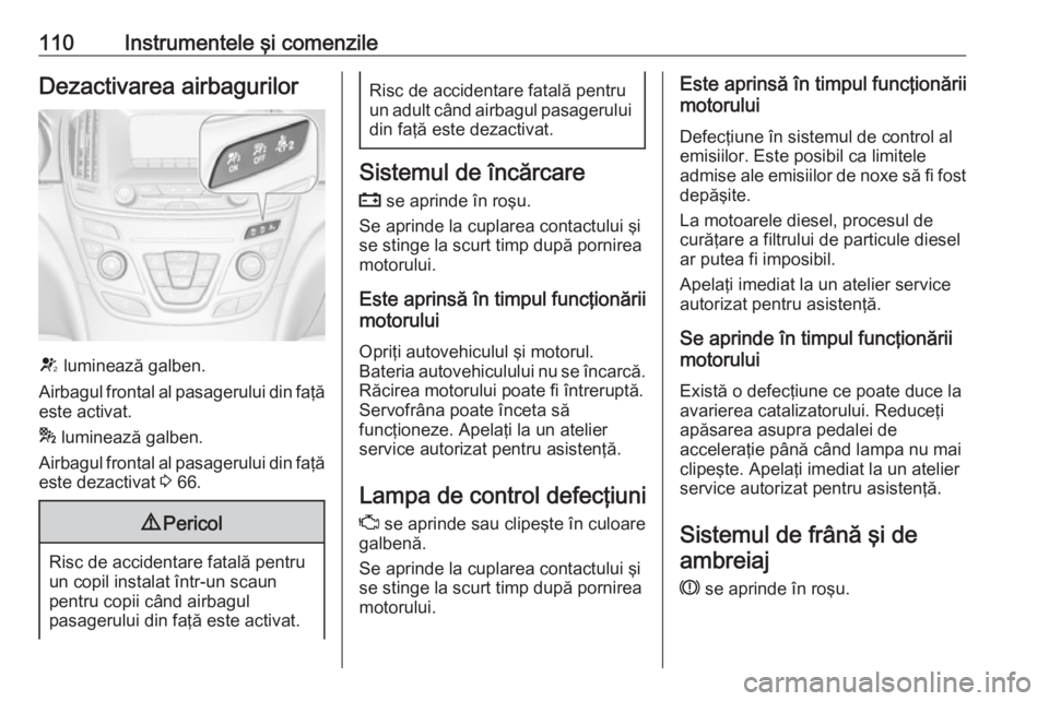 OPEL INSIGNIA 2016.5  Manual de utilizare (in Romanian) 110Instrumentele şi comenzileDezactivarea airbagurilor
V luminează galben.
Airbagul frontal al pasagerului din faţă este activat.
*  luminează galben.
Airbagul frontal al pasagerului din faţă
e