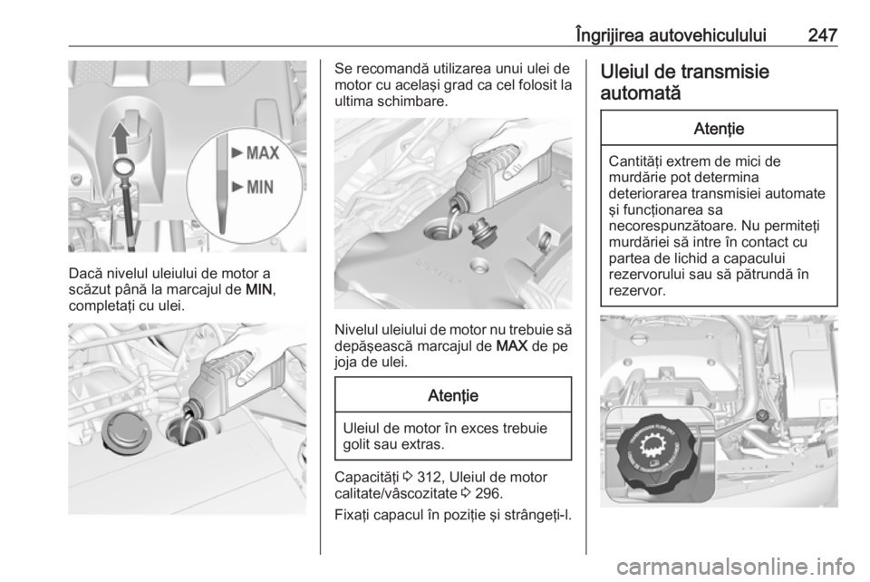 OPEL INSIGNIA 2016.5 Manual de utilizare (in Romanian) Îngrijirea autovehiculului247
Dacă nivelul uleiului de motor a
scăzut până la marcajul de MIN,
completaţi cu ulei.
Se recomandă utilizarea unui ulei de
motor cu acelaşi grad ca cel folosit la OPEL INSIGNIA 2016.5 Manual de utilizare (in Romanian) Îngrijirea autovehiculului247
Dacă nivelul uleiului de motor a
scăzut până la marcajul de MIN,
completaţi cu ulei.
Se recomandă utilizarea unui ulei de
motor cu acelaşi grad ca cel folosit la