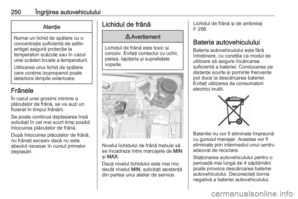 OPEL INSIGNIA 2016.5 Manual de utilizare (in Romanian) 250Îngrijirea autovehicululuiAtenţie
Numai un lichid de spălare cu o
concentraţie suficientă de aditiv
antigel asigură protecţie la
temperaturi scăzute sau în cazul
unei scăderi bruşte a te OPEL INSIGNIA 2016.5 Manual de utilizare (in Romanian) 250Îngrijirea autovehicululuiAtenţie
Numai un lichid de spălare cu o
concentraţie suficientă de aditiv
antigel asigură protecţie la
temperaturi scăzute sau în cazul
unei scăderi bruşte a te