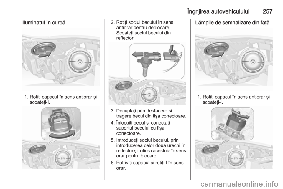 OPEL INSIGNIA 2016.5 Manual de utilizare (in Romanian) Îngrijirea autovehiculului257Iluminatul în curbă
1. Rotiţi capacul în sens antiorar şiscoateţi-l.
2. Rotiţi soclul becului în sensantiorar pentru deblocare.
Scoateţi soclul becului din
refle OPEL INSIGNIA 2016.5 Manual de utilizare (in Romanian) Îngrijirea autovehiculului257Iluminatul în curbă
1. Rotiţi capacul în sens antiorar şiscoateţi-l.
2. Rotiţi soclul becului în sensantiorar pentru deblocare.
Scoateţi soclul becului din
refle