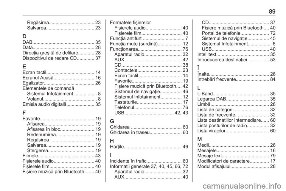 OPEL INSIGNIA 2017 Manual pentru sistemul Infotainment (in Romanian) 89Regăsirea.................................. 23
Salvarea .................................... 23
D
DAB .............................................. 35
Data ........................................ OPEL INSIGNIA 2017 Manual pentru sistemul Infotainment (in Romanian) 89Regăsirea.................................. 23
Salvarea .................................... 23
D
DAB .............................................. 35
Data ........................................