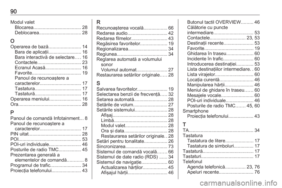 OPEL INSIGNIA 2017 Manual pentru sistemul Infotainment (in Romanian) 90Modul valetBlocarea .................................... 28
Deblocarea ................................ 28
O Operarea de bază ........................14
Bara de aplicaţii......................... OPEL INSIGNIA 2017 Manual pentru sistemul Infotainment (in Romanian) 90Modul valetBlocarea .................................... 28
Deblocarea ................................ 28
O Operarea de bază ........................14
Bara de aplicaţii.........................