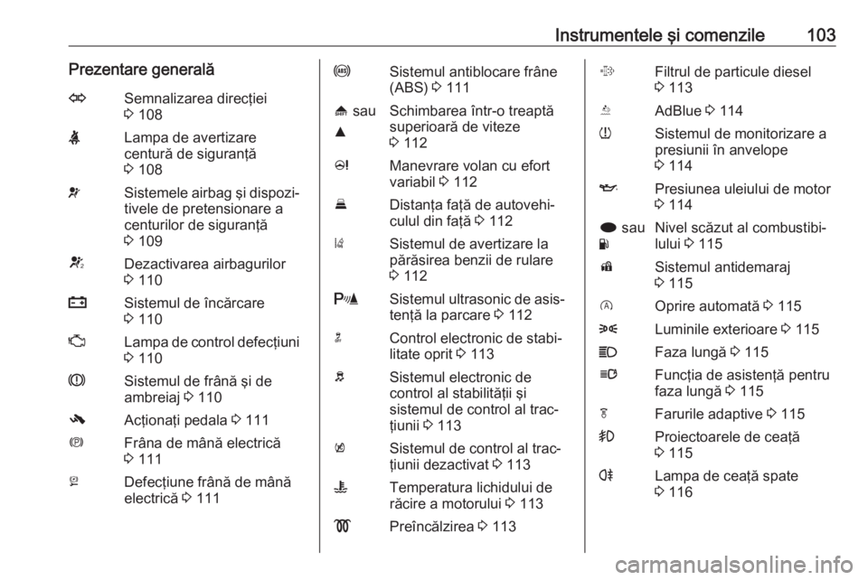 OPEL INSIGNIA 2017 Manual de utilizare (in Romanian) Instrumentele şi comenzile103Prezentare generalăOSemnalizarea direcţiei
3 108XLampa de avertizare
centură de siguranţă
3 108vSistemele airbag şi dispozi‐
tivele de pretensionare a
centurilo OPEL INSIGNIA 2017 Manual de utilizare (in Romanian) Instrumentele şi comenzile103Prezentare generalăOSemnalizarea direcţiei
3 108XLampa de avertizare
centură de siguranţă
3 108vSistemele airbag şi dispozi‐
tivele de pretensionare a
centurilo