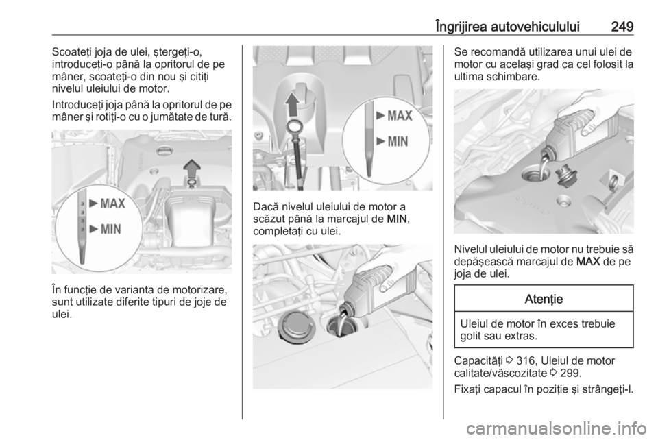 OPEL INSIGNIA 2017 Manual de utilizare (in Romanian) Îngrijirea autovehiculului249Scoateţi joja de ulei, ştergeţi-o,
introduceţi-o până la opritorul de pe
mâner, scoateţi-o din nou şi citiţi
nivelul uleiului de motor.
Introduceţi joja până OPEL INSIGNIA 2017 Manual de utilizare (in Romanian) Îngrijirea autovehiculului249Scoateţi joja de ulei, ştergeţi-o,
introduceţi-o până la opritorul de pe
mâner, scoateţi-o din nou şi citiţi
nivelul uleiului de motor.
Introduceţi joja până