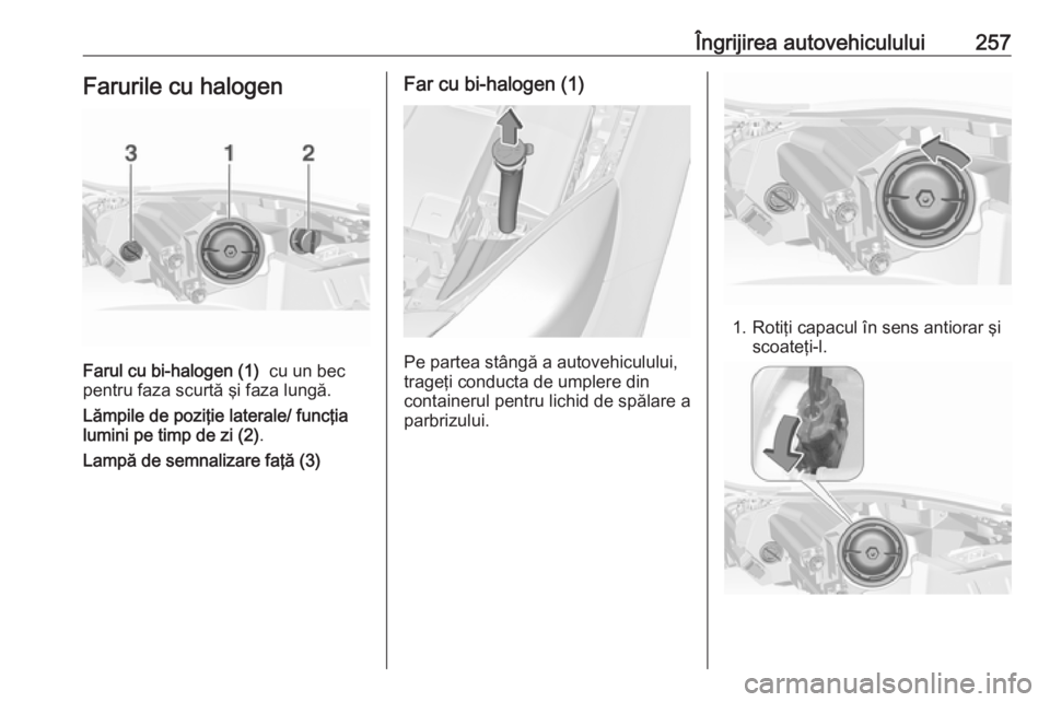 OPEL INSIGNIA 2017 Manual de utilizare (in Romanian) Îngrijirea autovehiculului257Farurile cu halogen
Farul cu bi-halogen (1) cu un bec
pentru faza scurtă şi faza lungă.
Lămpile de poziţie laterale/ funcţia
lumini pe timp de zi (2) .
Lampă de s OPEL INSIGNIA 2017 Manual de utilizare (in Romanian) Îngrijirea autovehiculului257Farurile cu halogen
Farul cu bi-halogen (1) cu un bec
pentru faza scurtă şi faza lungă.
Lămpile de poziţie laterale/ funcţia
lumini pe timp de zi (2) .
Lampă de s