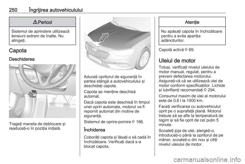 OPEL INSIGNIA BREAK 2017.5 Manual de utilizare (in Romanian) 250Îngrijirea autovehiculului9Pericol
Sistemul de aprindere utilizează
tensiuni extrem de înalte. Nu
atingeţi.
Capota
Deschiderea
Trageţi maneta de deblocare şi
readuceţi-o în poziţia iniţia OPEL INSIGNIA BREAK 2017.5 Manual de utilizare (in Romanian) 250Îngrijirea autovehiculului9Pericol
Sistemul de aprindere utilizează
tensiuni extrem de înalte. Nu
atingeţi.
Capota
Deschiderea
Trageţi maneta de deblocare şi
readuceţi-o în poziţia iniţia