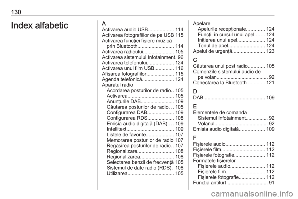 OPEL INSIGNIA BREAK 2018 Manual pentru sistemul Infotainment (in Romanian) 130Index alfabeticAActivarea audio USB ..................114
Activarea fotografiilor de pe USB 115
Activarea funcţiei fişiere muzică prin Bluetooth .......................... 114
Activarea radioulu OPEL INSIGNIA BREAK 2018 Manual pentru sistemul Infotainment (in Romanian) 130Index alfabeticAActivarea audio USB ..................114
Activarea fotografiilor de pe USB 115
Activarea funcţiei fişiere muzică prin Bluetooth .......................... 114
Activarea radioulu
