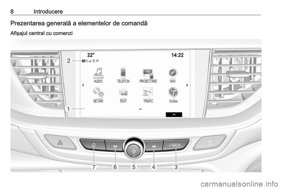 OPEL INSIGNIA BREAK 2018  Manual pentru sistemul Infotainment (in Romanian) 8IntroducerePrezentarea generală a elementelor de comandăAfişajul central cu comenzi 