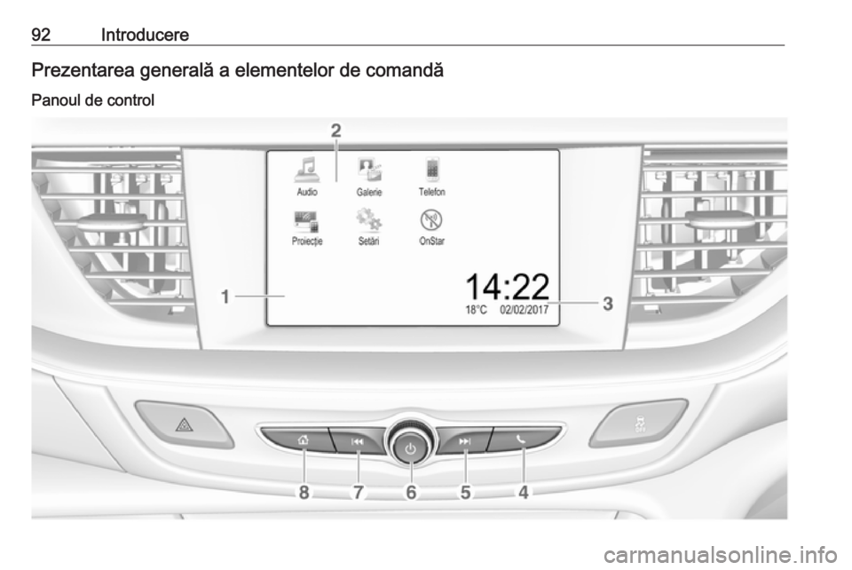 OPEL INSIGNIA BREAK 2018 Manual pentru sistemul Infotainment (in Romanian) 92IntroducerePrezentarea generală a elementelor de comandăPanoul de control OPEL INSIGNIA BREAK 2018 Manual pentru sistemul Infotainment (in Romanian) 92IntroducerePrezentarea generală a elementelor de comandăPanoul de control