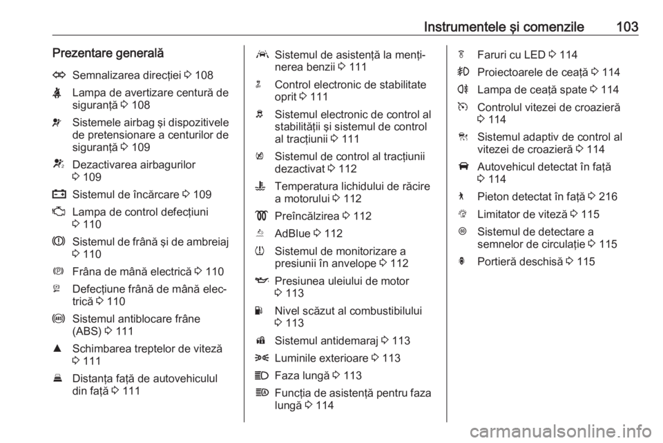 OPEL INSIGNIA BREAK 2018  Manual de utilizare (in Romanian) Instrumentele şi comenzile103Prezentare generalăOSemnalizarea direcţiei 3 108XLampa de avertizare centură de
siguranţă  3 108vSistemele airbag şi dispozitivele
de pretensionare a centurilor de
