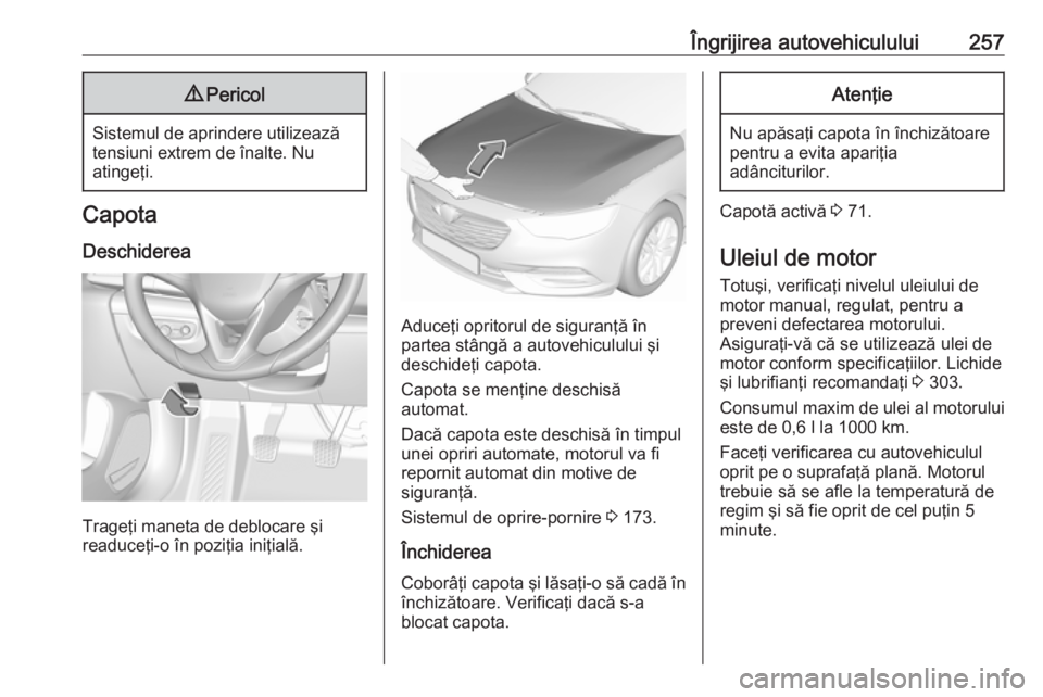 OPEL INSIGNIA BREAK 2018 Manual de utilizare (in Romanian) Îngrijirea autovehiculului2579Pericol
Sistemul de aprindere utilizează
tensiuni extrem de înalte. Nu
atingeţi.
Capota
Deschiderea
Trageţi maneta de deblocare şi
readuceţi-o în poziţia iniţia OPEL INSIGNIA BREAK 2018 Manual de utilizare (in Romanian) Îngrijirea autovehiculului2579Pericol
Sistemul de aprindere utilizează
tensiuni extrem de înalte. Nu
atingeţi.
Capota
Deschiderea
Trageţi maneta de deblocare şi
readuceţi-o în poziţia iniţia