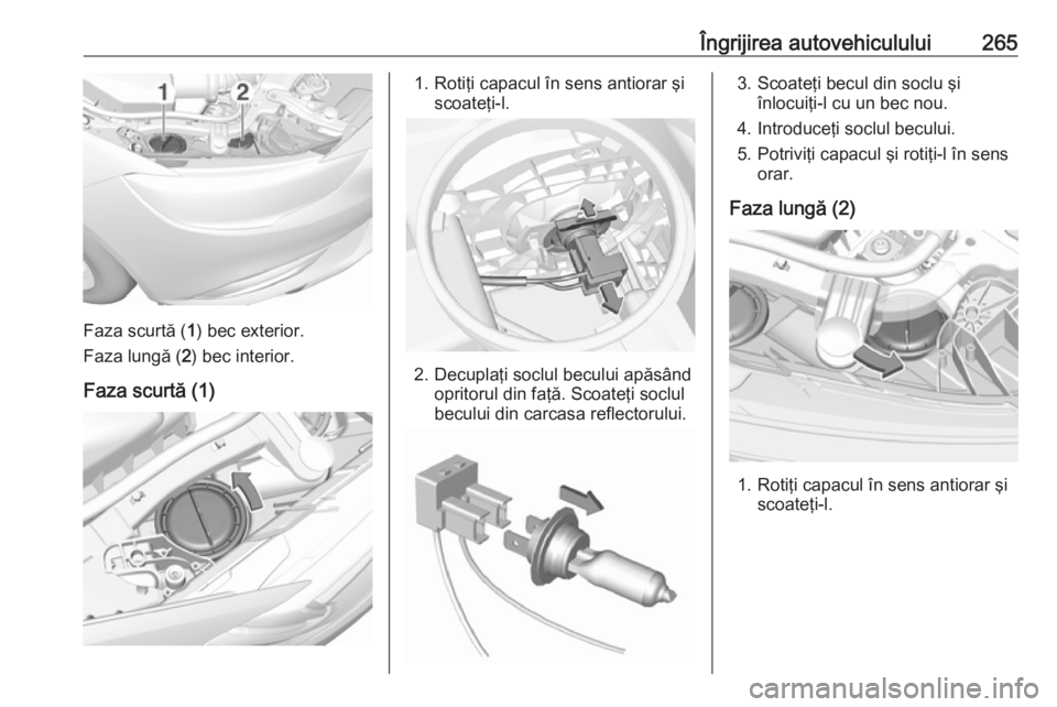 OPEL INSIGNIA BREAK 2018.5 Manual de utilizare (in Romanian) Îngrijirea autovehiculului265
Faza scurtă (1) bec exterior.
Faza lungă ( 2) bec interior.
Faza scurtă (1)
1. Rotiţi capacul în sens antiorar şi scoateţi-l.
2. Decuplaţi soclul becului apăsâ OPEL INSIGNIA BREAK 2018.5 Manual de utilizare (in Romanian) Îngrijirea autovehiculului265
Faza scurtă (1) bec exterior.
Faza lungă ( 2) bec interior.
Faza scurtă (1)
1. Rotiţi capacul în sens antiorar şi scoateţi-l.
2. Decuplaţi soclul becului apăsâ