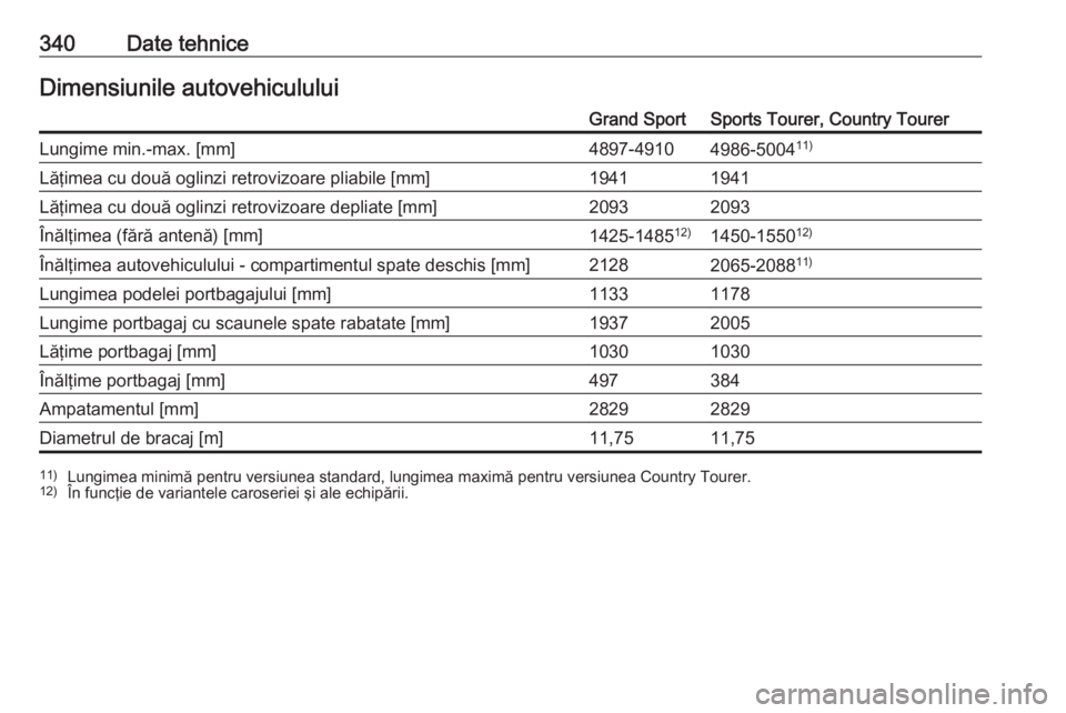 OPEL INSIGNIA BREAK 2019  Manual de utilizare (in Romanian) 340Date tehniceDimensiunile autovehicululuiGrand SportSports Tourer, Country TourerLungime min.-max. [mm]4897-49104986-500411)Lăţimea cu două oglinzi retrovizoare pliabile [mm]19411941Lăţimea cu 
