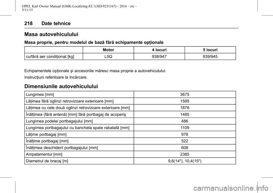 OPEL KARL 2015.75  Manual de utilizare (in Romanian) OPEL Karl Owner Manual (GMK-Localizing-EU LHD-9231167) - 2016 - crc -
5/11/15
218 Date tehnice
Masa autovehiculului
Masa proprie, pentru modelul de bazăfărăechipamente opţionale
Motor 4 locuri 5 l