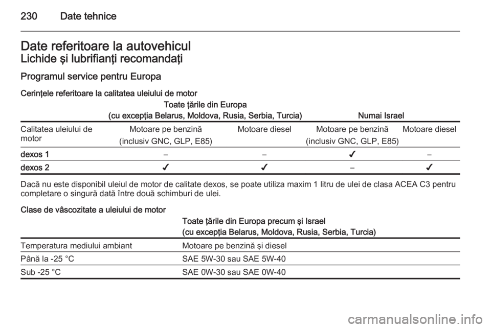 OPEL MERIVA 2014.5  Manual de utilizare (in Romanian) 230Date tehniceDate referitoare la autovehiculLichide şi lubrifianţi recomandaţi
Programul service pentru Europa Cerinţele referitoare la calitatea uleiului de motorToate ţările din Europa
(cu e