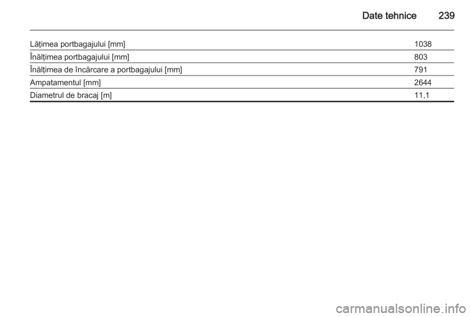 OPEL MERIVA 2014.5  Manual de utilizare (in Romanian) Date tehnice239
Lăţimea portbagajului [mm]1038Înălţimea portbagajului [mm]803Înălţimea de încărcare a portbagajului [mm]791Ampatamentul [mm]2644Diametrul de bracaj [m]11,1 