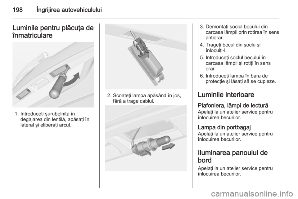 OPEL MERIVA 2015  Manual de utilizare (in Romanian) 198Îngrijirea autovehicululuiLuminile pentru plăcuţa deînmatriculare
1. Introduceţi şurubelniţa în degajarea din lentilă, apăsaţi în
lateral şi eliberaţi arcul.
2. Scoateţi lampa apăs