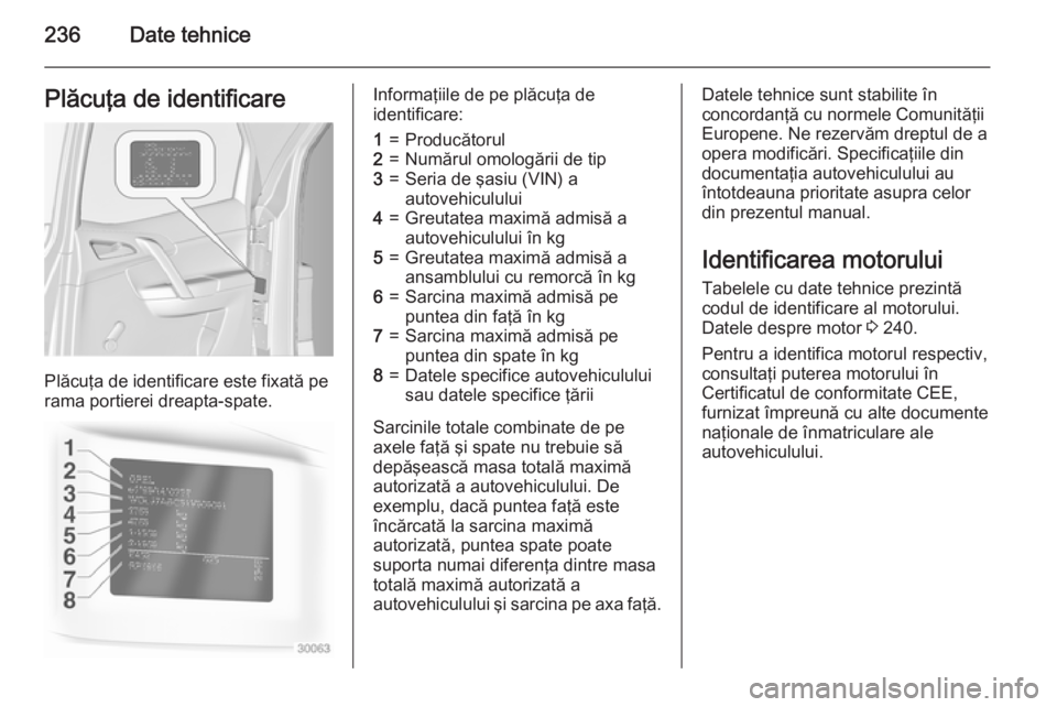 OPEL MERIVA 2015 Manual de utilizare (in Romanian) 236Date tehnicePlăcuţa de identificare
Plăcuţa de identificare este fixată pe
rama portierei dreapta-spate.
Informaţiile de pe plăcuţa de
identificare:1=Producătorul2=Numărul omologării de OPEL MERIVA 2015 Manual de utilizare (in Romanian) 236Date tehnicePlăcuţa de identificare
Plăcuţa de identificare este fixată pe
rama portierei dreapta-spate.
Informaţiile de pe plăcuţa de
identificare:1=Producătorul2=Numărul omologării de