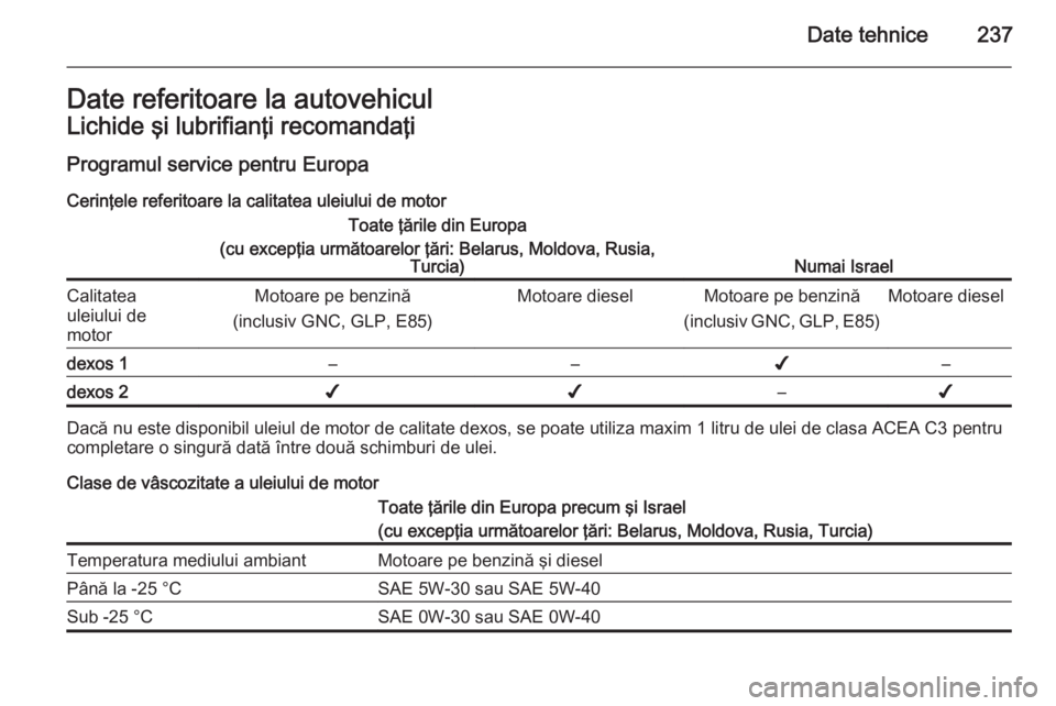 OPEL MERIVA 2015 Manual de utilizare (in Romanian) Date tehnice237Date referitoare la autovehiculLichide şi lubrifianţi recomandaţi
Programul service pentru Europa Cerinţele referitoare la calitatea uleiului de motorToate ţările din Europa
(cu e OPEL MERIVA 2015 Manual de utilizare (in Romanian) Date tehnice237Date referitoare la autovehiculLichide şi lubrifianţi recomandaţi
Programul service pentru Europa Cerinţele referitoare la calitatea uleiului de motorToate ţările din Europa
(cu e