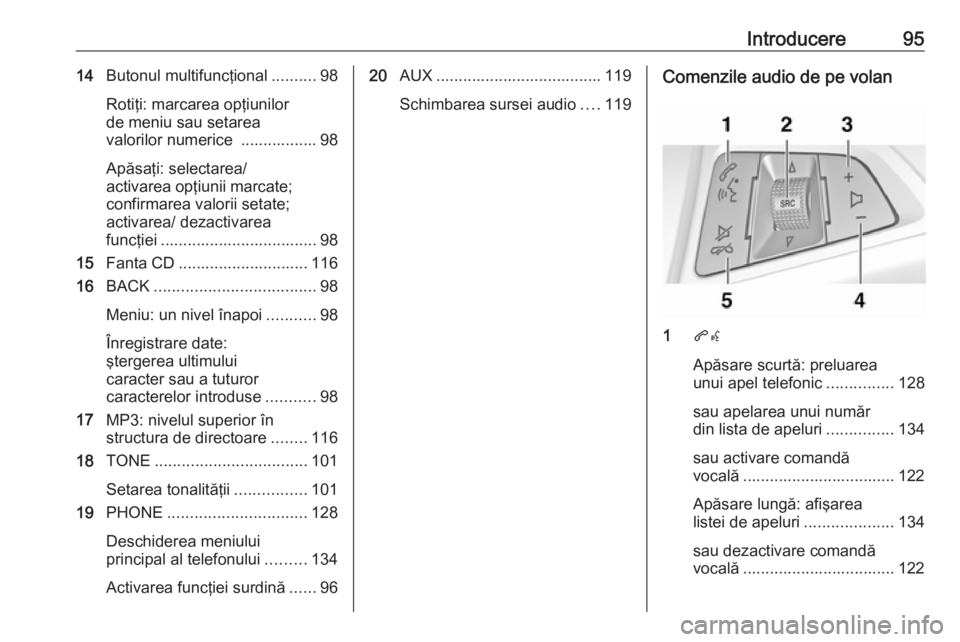 OPEL MERIVA 2016 Manual pentru sistemul Infotainment (in Romanian) Introducere9514Butonul multifuncţional ..........98
Rotiţi: marcarea opţiunilor
de meniu sau setarea
valorilor numerice ................. 98
Apăsaţi: selectarea/
activarea opţiunii marcate; con OPEL MERIVA 2016 Manual pentru sistemul Infotainment (in Romanian) Introducere9514Butonul multifuncţional ..........98
Rotiţi: marcarea opţiunilor
de meniu sau setarea
valorilor numerice ................. 98
Apăsaţi: selectarea/
activarea opţiunii marcate; con