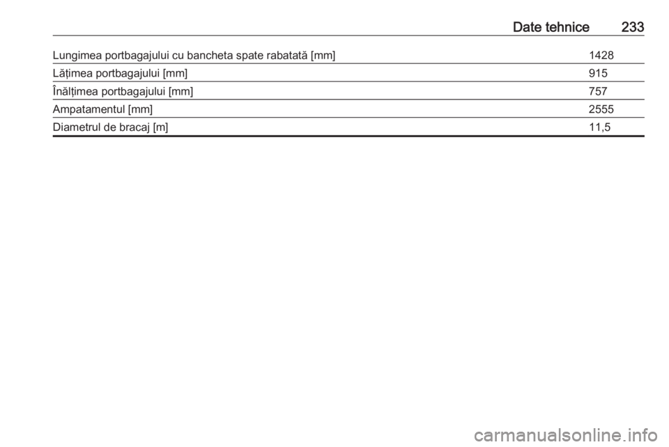 OPEL MOKKA 2016  Manual de utilizare (in Romanian) Date tehnice233Lungimea portbagajului cu bancheta spate rabatată [mm]1428Lăţimea portbagajului [mm]915Înălţimea portbagajului [mm]757Ampatamentul [mm]2555Diametrul de bracaj [m]11,5 