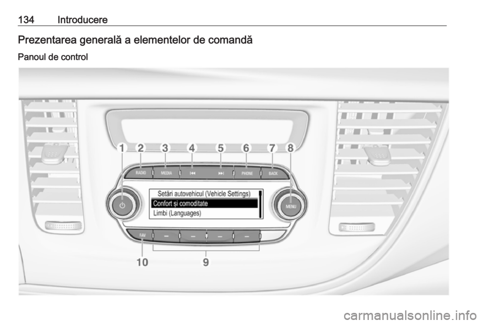 OPEL MOKKA X 2018 Manual de utilizare (in Romanian) 134IntroducerePrezentarea generală a elementelor de comandăPanoul de control OPEL MOKKA X 2018 Manual de utilizare (in Romanian) 134IntroducerePrezentarea generală a elementelor de comandăPanoul de control