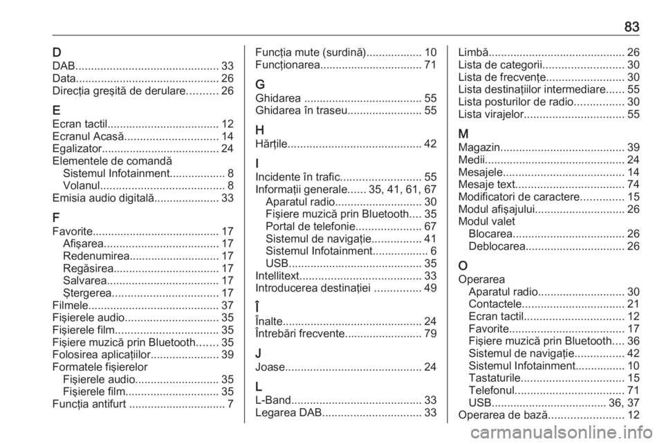 OPEL MOKKA X 2018 Manual de utilizare (in Romanian) 83DDAB .............................................. 33
Data .............................................. 26
Direcţia greşită de derulare ..........26
E Ecran tactil ............................ OPEL MOKKA X 2018 Manual de utilizare (in Romanian) 83DDAB .............................................. 33
Data .............................................. 26
Direcţia greşită de derulare ..........26
E Ecran tactil ............................