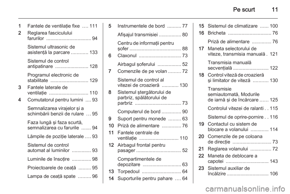 OPEL MOVANO_B 2014  Manual de utilizare (in Romanian) Pe scurt11
1Fantele de ventilaţie fixe  ....111
2 Reglarea fasciculului
farurilor  ................................. 94
Sistemul ultrasonic de
asistenţă la parcare ............133
Sistemul de contr