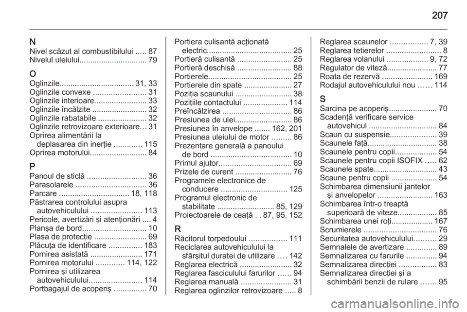 OPEL MOVANO_B 2014  Manual de utilizare (in Romanian) 207
NNivel scăzut al combustibilului  .....87
Nivelul uleiului............................... 79
O Oglinzile .................................. 31, 33
Oglinzile convexe  ........................31
Og