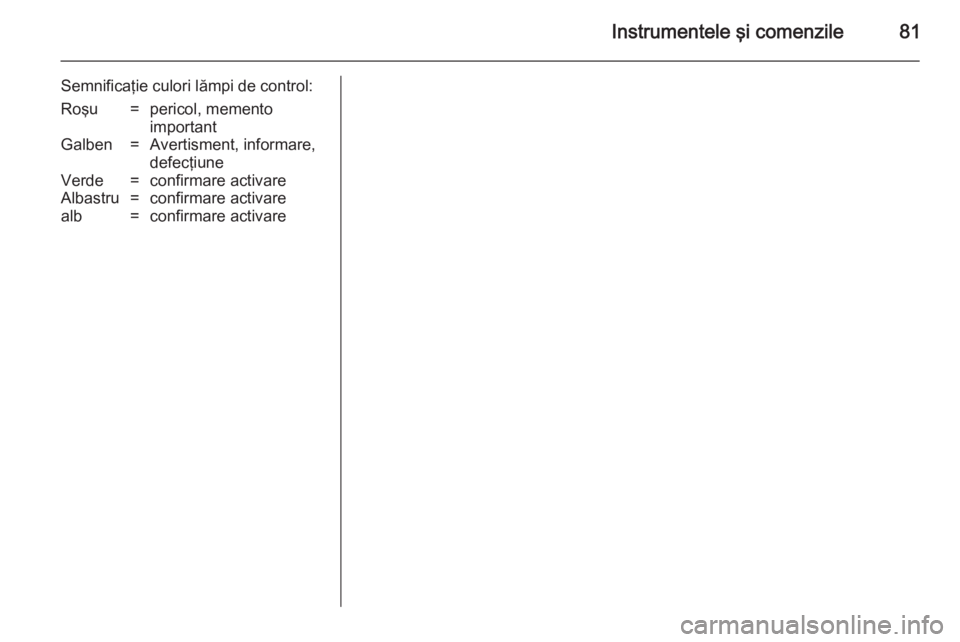 OPEL MOVANO_B 2014 Manual de utilizare (in Romanian) Instrumentele şi comenzile81
Semnificaţie culori lămpi de control:Roşu=pericol, memento
importantGalben=Avertisment, informare,
defecţiuneVerde=confirmare activareAlbastru=confirmare activarealb= OPEL MOVANO_B 2014 Manual de utilizare (in Romanian) Instrumentele şi comenzile81
Semnificaţie culori lămpi de control:Roşu=pericol, memento
importantGalben=Avertisment, informare,
defecţiuneVerde=confirmare activareAlbastru=confirmare activarealb=