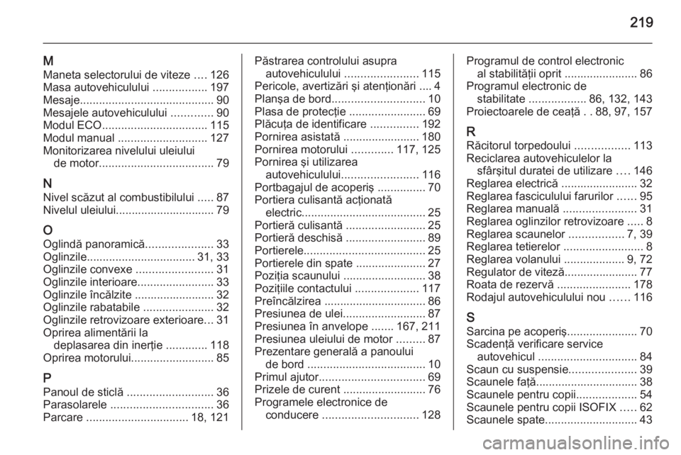OPEL MOVANO_B 2015  Manual de utilizare (in Romanian) 219
M
Maneta selectorului de viteze  ....126
Masa autovehiculului  .................197
Mesaje .......................................... 90
Mesajele autovehiculului  .............90
Modul ECO .......