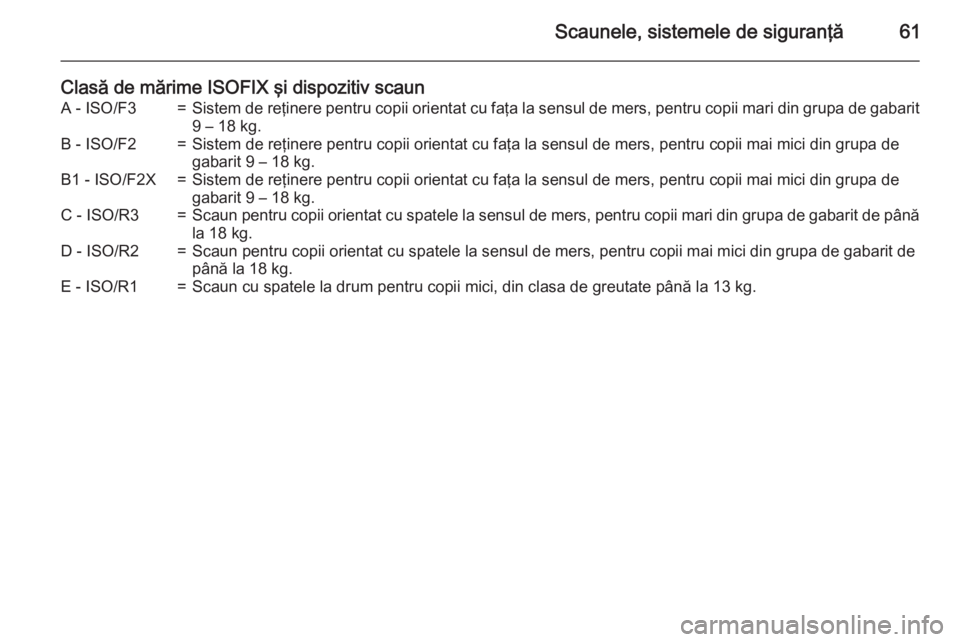 OPEL MOVANO_B 2015 Manual de utilizare (in Romanian) Scaunele, sistemele de siguranţă61
Clasă de mărime ISOFIX şi dispozitiv scaunA - ISO/F3=Sistem de reţinere pentru copii orientat cu faţa la sensul de mers, pentru copii mari din grupa de gabari OPEL MOVANO_B 2015 Manual de utilizare (in Romanian) Scaunele, sistemele de siguranţă61
Clasă de mărime ISOFIX şi dispozitiv scaunA - ISO/F3=Sistem de reţinere pentru copii orientat cu faţa la sensul de mers, pentru copii mari din grupa de gabari