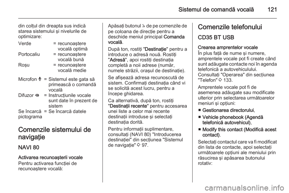 OPEL VIVARO B 2015.5  Manual pentru sistemul Infotainment (in Romanian) Sistemul de comandă vocală121
din colţul din dreapta sus indică
starea sistemului şi nivelurile de
optimizare:Verde=recunoaştere
vocală optimăPortocaliu=recunoaştere
vocală bunăRoşu=recuno