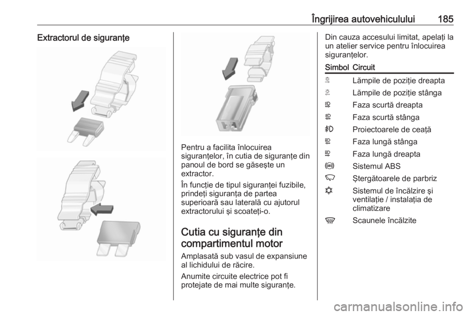 OPEL MOVANO_B 2016 Manual de utilizare (in Romanian) Îngrijirea autovehiculului185Extractorul de siguranţe
Pentru a facilita înlocuirea
siguranţelor, în cutia de siguranţe din
panoul de bord se găseşte un
extractor.
În funcţie de tipul siguran OPEL MOVANO_B 2016 Manual de utilizare (in Romanian) Îngrijirea autovehiculului185Extractorul de siguranţe
Pentru a facilita înlocuirea
siguranţelor, în cutia de siguranţe din
panoul de bord se găseşte un
extractor.
În funcţie de tipul siguran
