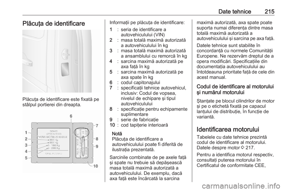 OPEL MOVANO_B 2016 Manual de utilizare (in Romanian) Date tehnice215Plăcuţa de identificare
Plăcuţa de identificare este fixată pe
stâlpul portierei din dreapta.
Informaţii pe plăcuţa de identificare:1:seria de identificare a
autovehiculului (V OPEL MOVANO_B 2016 Manual de utilizare (in Romanian) Date tehnice215Plăcuţa de identificare
Plăcuţa de identificare este fixată pe
stâlpul portierei din dreapta.
Informaţii pe plăcuţa de identificare:1:seria de identificare a
autovehiculului (V