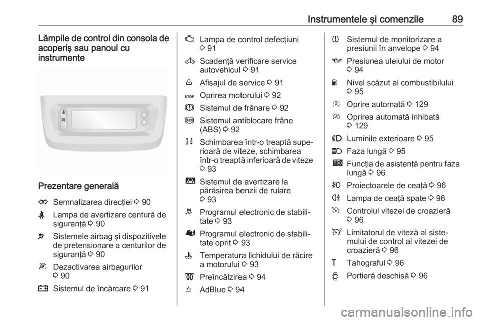 OPEL MOVANO_B 2016 Manual de utilizare (in Romanian) Instrumentele şi comenzile89Lămpile de control din consola deacoperiş sau panoul cu
instrumente
Prezentare generală
OSemnalizarea direcţiei 3 90XLampa de avertizare centură de
siguranţă 3 90 OPEL MOVANO_B 2016 Manual de utilizare (in Romanian) Instrumentele şi comenzile89Lămpile de control din consola deacoperiş sau panoul cu
instrumente
Prezentare generală
OSemnalizarea direcţiei 3 90XLampa de avertizare centură de
siguranţă 3 90