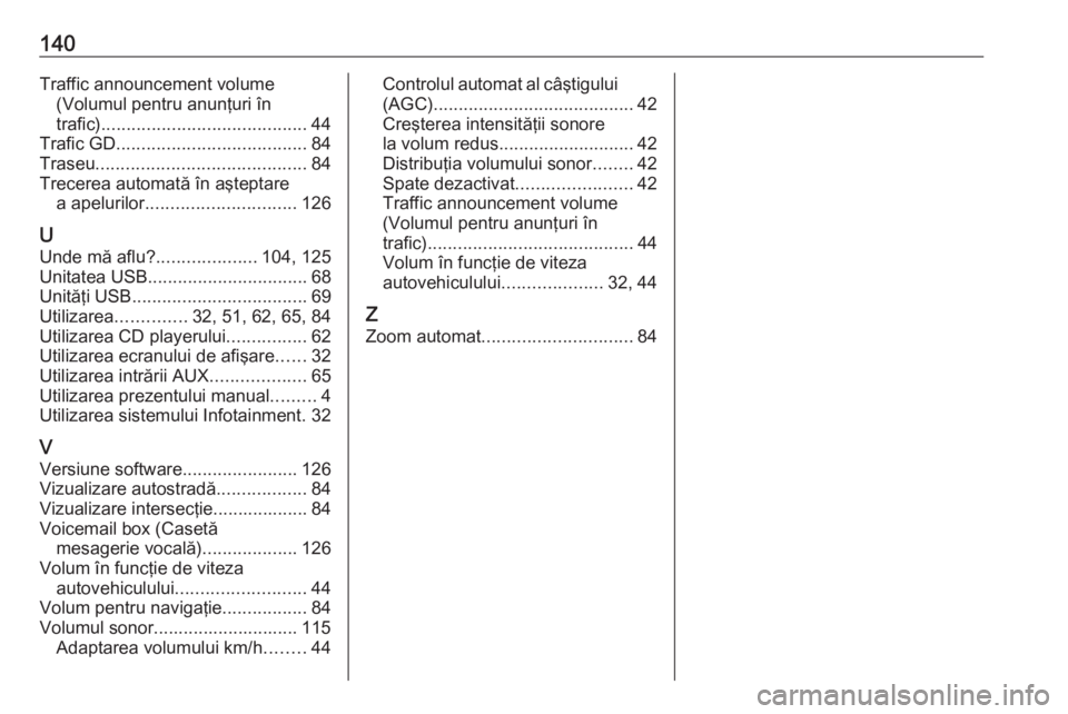 OPEL VIVARO B 2016.5  Manual pentru sistemul Infotainment (in Romanian) 140Traffic announcement volume(Volumul pentru anunţuri în
trafic) ......................................... 44
Trafic GD ...................................... 84
Traseu ............................