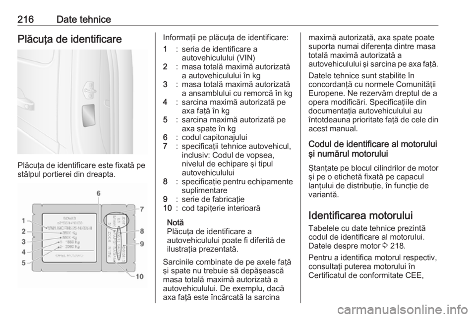 OPEL MOVANO_B 2016.5  Manual de utilizare (in Romanian) 216Date tehnicePlăcuţa de identificare
Plăcuţa de identificare este fixată pe
stâlpul portierei din dreapta.
Informaţii pe plăcuţa de identificare:1:seria de identificare a
autovehiculului (V