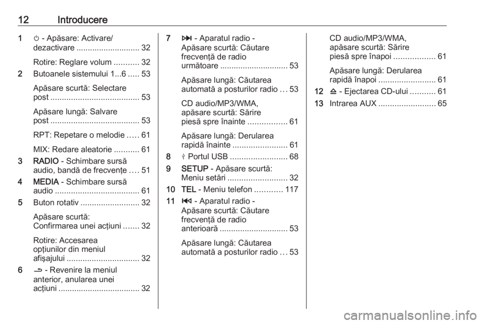 OPEL MOVANO_B 2017.5  Manual pentru sistemul Infotainment (in Romanian) 12Introducere1m - Apăsare: Activare/
dezactivare ............................ 32
Rotire: Reglare volum ...........32
2 Butoanele sistemului 1...6 .....53
Apăsare scurtă: Selectare
post ............