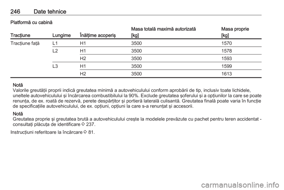OPEL MOVANO_B 2017.5  Manual de utilizare (in Romanian) 246Date tehnicePlatformă cu cabină
TracţiuneLungimeÎnălţime acoperiş
Masa totală maximă autorizată
[kg]Masa proprie
[kg]Tracţiune faţăL1H135001570L2H135001578H235001593L3H135001599H235001