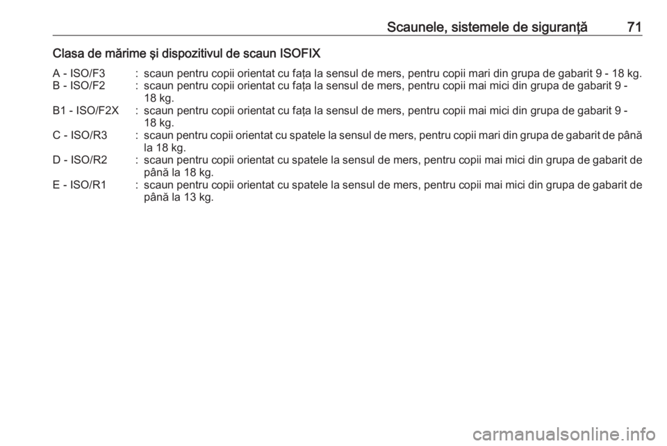 OPEL MOVANO_B 2017.5 Manual de utilizare (in Romanian) Scaunele, sistemele de siguranţă71Clasa de mărime şi dispozitivul de scaun ISOFIXA - ISO/F3:scaun pentru copii orientat cu faţa la sensul de mers, pentru copii mari din grupa de gabarit 9 - 18 kg OPEL MOVANO_B 2017.5 Manual de utilizare (in Romanian) Scaunele, sistemele de siguranţă71Clasa de mărime şi dispozitivul de scaun ISOFIXA - ISO/F3:scaun pentru copii orientat cu faţa la sensul de mers, pentru copii mari din grupa de gabarit 9 - 18 kg