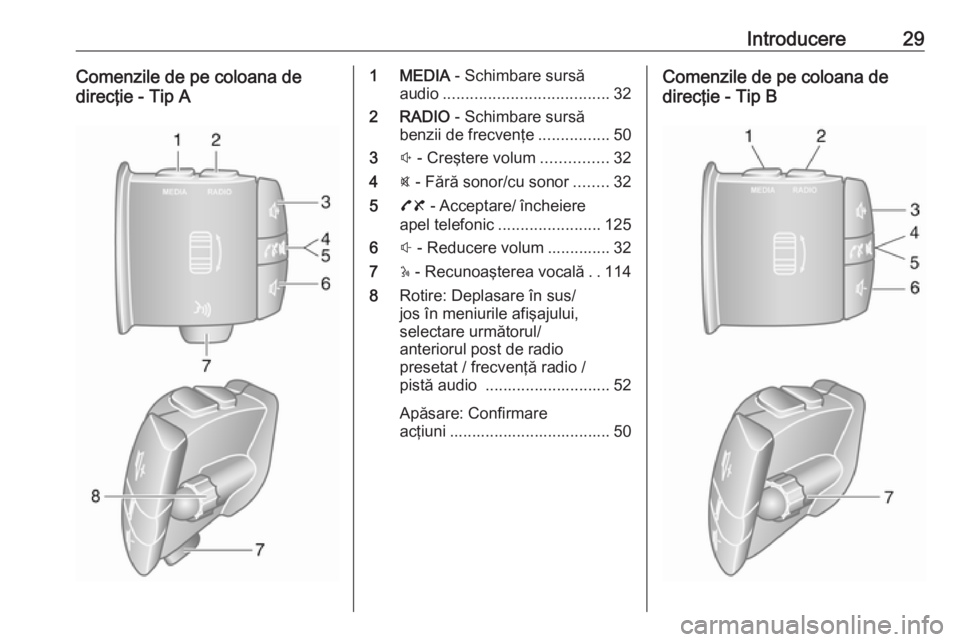 OPEL MOVANO_B 2018  Manual pentru sistemul Infotainment (in Romanian) Introducere29Comenzile de pe coloana de
direcţie - Tip A1 MEDIA  - Schimbare sursă
audio ..................................... 32
2 RADIO  - Schimbare sursă
benzii de frecvenţe ................50
