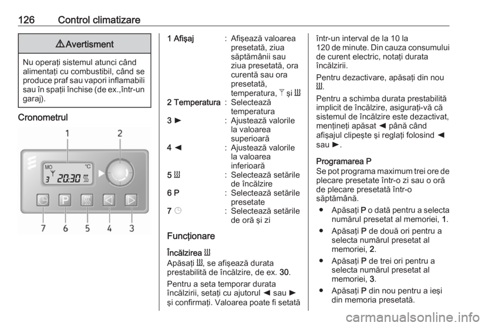 OPEL MOVANO_B 2018 Manual de utilizare (in Romanian) 126Control climatizare9Avertisment
Nu operaţi sistemul atunci când
alimentaţi cu combustibil, când se produce praf sau vapori inflamabili sau în spaţii închise (de ex.,într-un
garaj).
Cronomet OPEL MOVANO_B 2018 Manual de utilizare (in Romanian) 126Control climatizare9Avertisment
Nu operaţi sistemul atunci când
alimentaţi cu combustibil, când se produce praf sau vapori inflamabili sau în spaţii închise (de ex.,într-un
garaj).
Cronomet