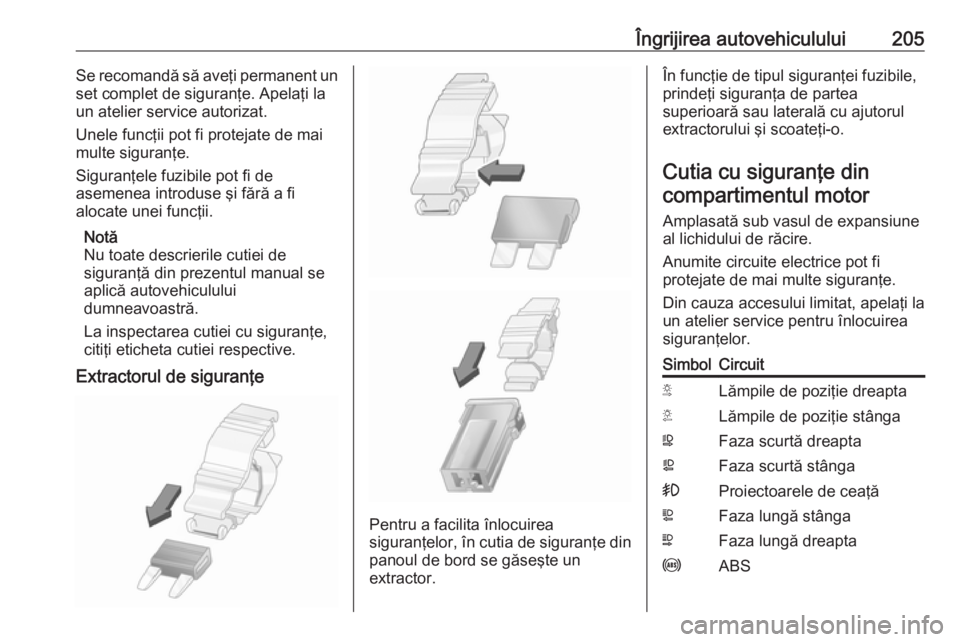 OPEL MOVANO_B 2018 Manual de utilizare (in Romanian) Îngrijirea autovehiculului205Se recomandă să aveţi permanent un
set complet de siguranţe. Apelaţi la
un atelier service autorizat.
Unele funcţii pot fi protejate de mai
multe siguranţe.
Sigura OPEL MOVANO_B 2018 Manual de utilizare (in Romanian) Îngrijirea autovehiculului205Se recomandă să aveţi permanent un
set complet de siguranţe. Apelaţi la
un atelier service autorizat.
Unele funcţii pot fi protejate de mai
multe siguranţe.
Sigura