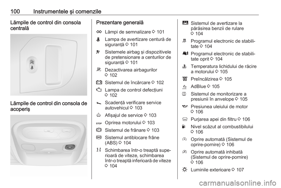 OPEL MOVANO_B 2018.5  Manual de utilizare (in Romanian) 100Instrumentele şi comenzileLămpile de control din consola
centrală
Lămpile de control din consola de acoperiş
Prezentare generalăOLămpi de semnalizare  3 101XLampa de avertizare centură de
s