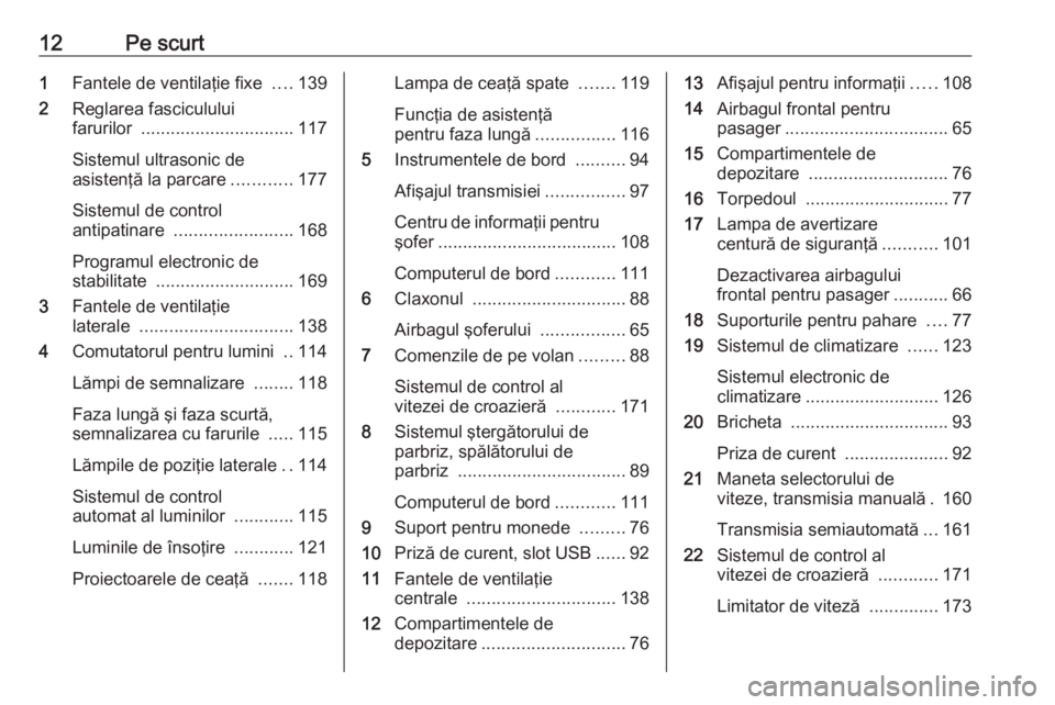 OPEL MOVANO_B 2018.5  Manual de utilizare (in Romanian) 12Pe scurt1Fantele de ventilaţie fixe  ....139
2 Reglarea fasciculului
farurilor  ............................... 117
Sistemul ultrasonic de
asistenţă la parcare ............177
Sistemul de control