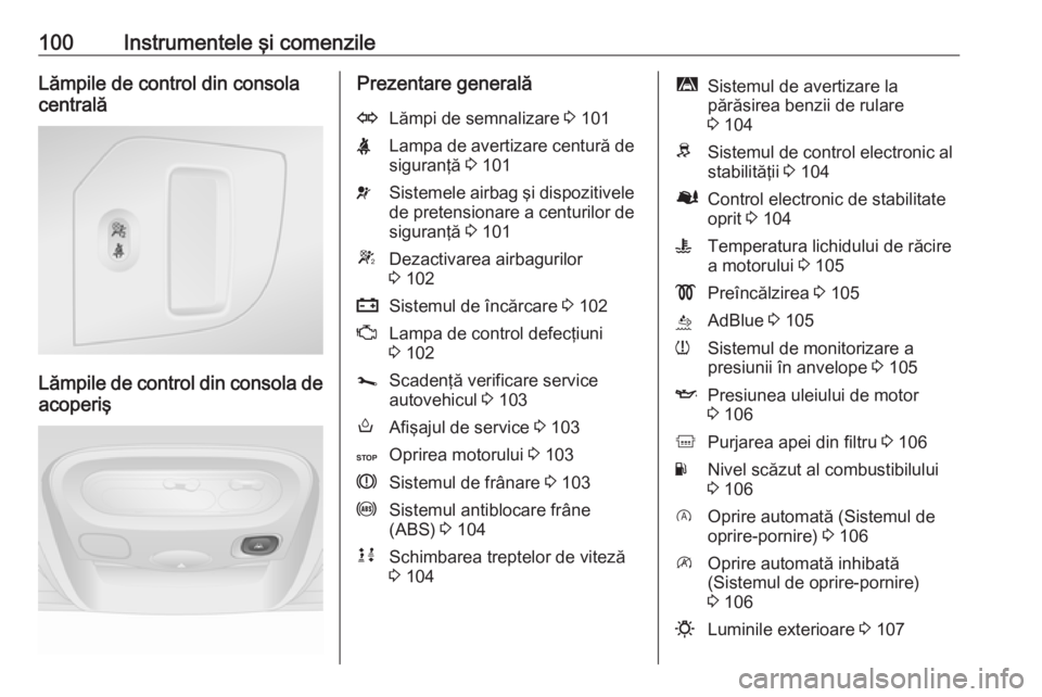 OPEL MOVANO_B 2019  Manual de utilizare (in Romanian) 100Instrumentele şi comenzileLămpile de control din consola
centrală
Lămpile de control din consola de acoperiş
Prezentare generalăOLămpi de semnalizare  3 101XLampa de avertizare centură de
s