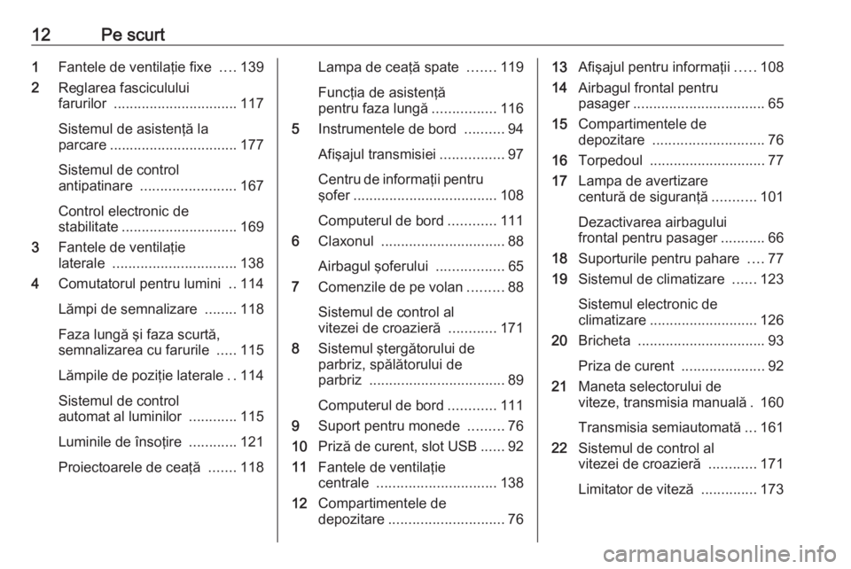 OPEL MOVANO_B 2019  Manual de utilizare (in Romanian) 12Pe scurt1Fantele de ventilaţie fixe  ....139
2 Reglarea fasciculului
farurilor  ............................... 117
Sistemul de asistenţă la
parcare ................................ 177
Sistemul 