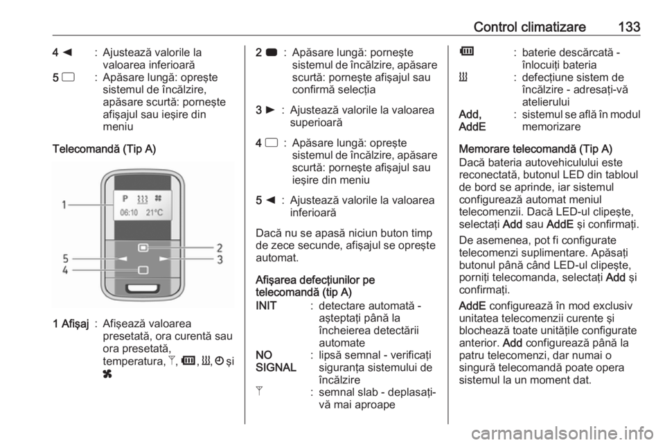 OPEL MOVANO_B 2019  Manual de utilizare (in Romanian) Control climatizare1334 k:Ajustează valorile la
valoarea inferioară5  d:Apăsare lungă: opreşte
sistemul de încălzire,
apăsare scurtă: porneşte
afişajul sau ieşire din
meniu
Telecomandă (T